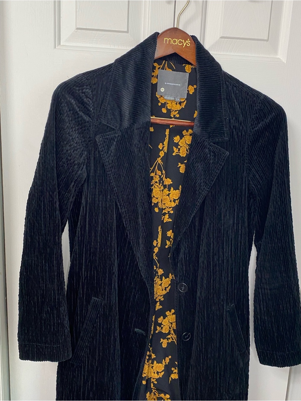 Anthropology Black Corduroy Long Coat with Floral Lining